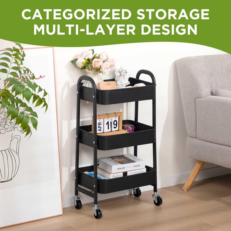 AGTEK Makeup Cart, Movable Rolling Organizer Cart, Black 3 Tier Metal Utility Cart - Image 2
